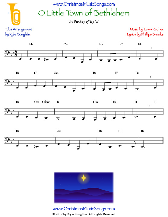 O Little Town of Bethlehem tuba sheet music, arranged to play along with other wind and brass instruments.