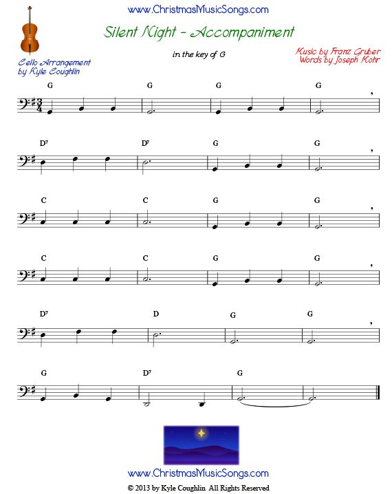 Cello accompaniment for Silent Night, in the key of G