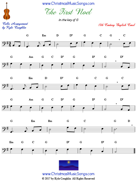 The First Noel for cello, arranged to play along with strings, woodwinds, and brass.