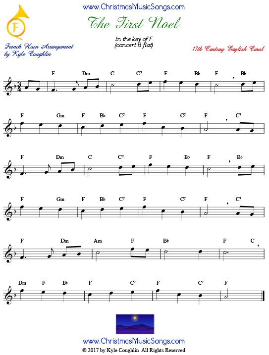 The First Noel French horn sheet music, arranged to play along with other wind, brass, and string instruments.