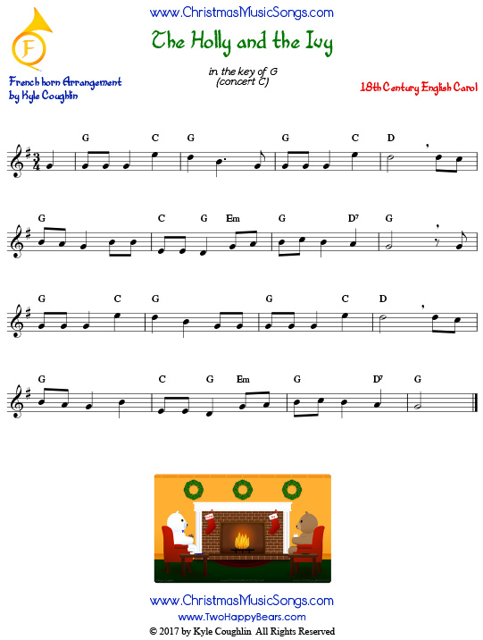 The Holly and the Ivy French horn sheet music, arranged to play along with other wind, brass, and string instruments.