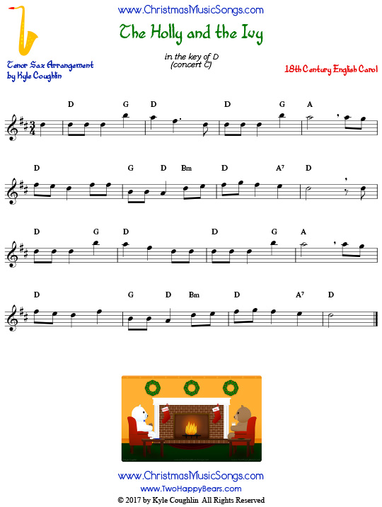 The Holly and the Ivy tenor saxophone sheet music, arranged to play along with other wind, brass, and string instruments.