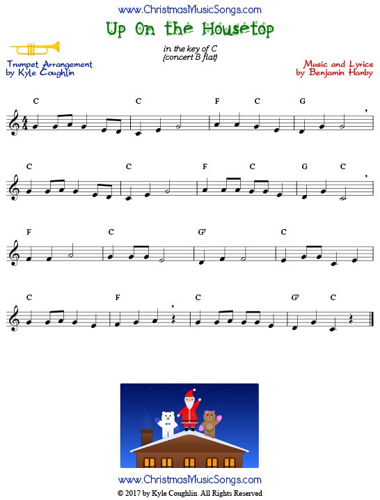 Up On the Housetop trumpet sheet music, arranged to play along with other wind and brass instruments.