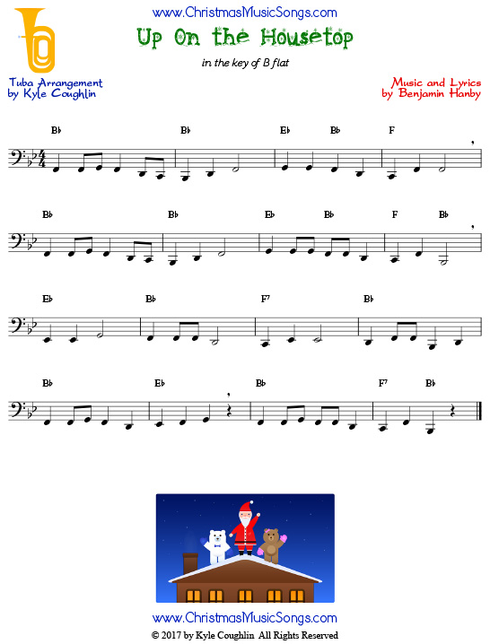 Up On the Housetop tuba sheet music, arranged to play along with other wind and brass instruments.