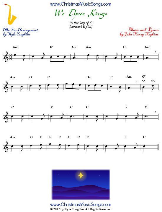 We Three Kings alto saxophone sheet music, arranged to play along with other wind and brass instruments.
