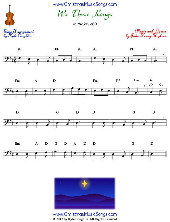 We Three Kings for bass, arranged to play along with strings, woodwinds, and brass.