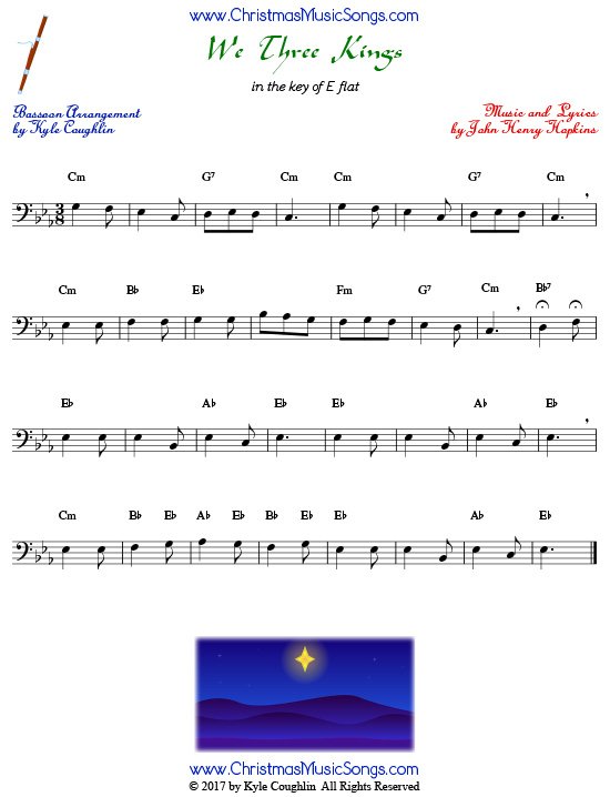 We Three Kings bassoon sheet music, arranged to play along with other wind and brass instruments.
