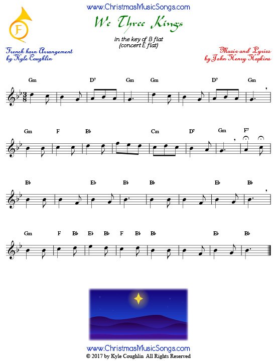 We Three Kings French horn sheet music, arranged to play along with other wind and brass instruments.
