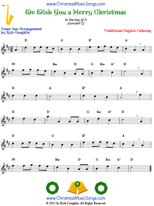 The Christmas carol We Wish You a Merry Christmas, arranged for tenor saxophone to play along with other wind, brass, and string instruments.