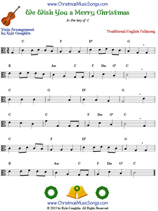 The Christmas carol We Wish You a Merry Christmas, arranged for viola to play along with strings, woodwinds, and brass.