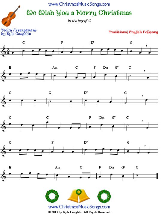 The Christmas carol We Wish You a Merry Christmas, arranged for violin to play along with other string and band instruments.