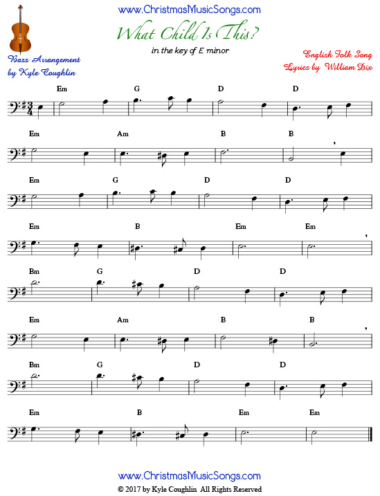 What Child Is This? for bass, arranged to play along with strings, woodwinds, and brass.