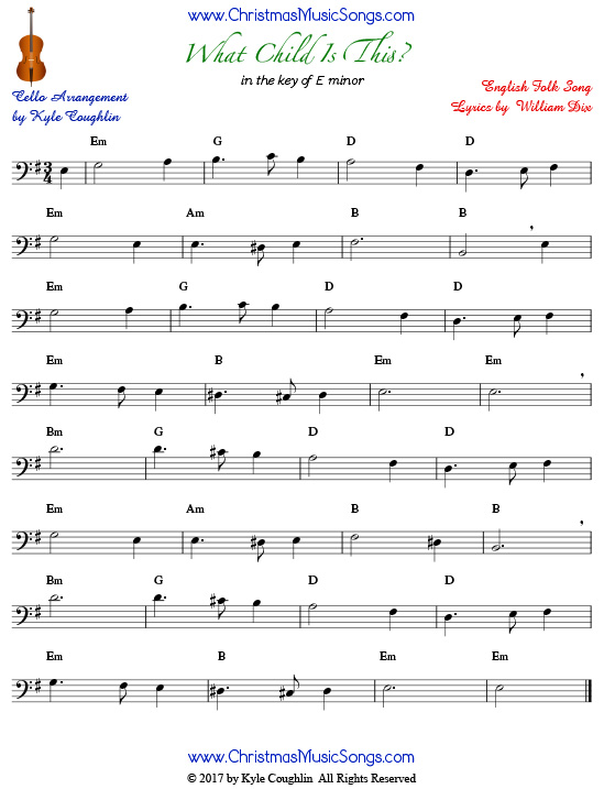 What Child Is This? for cello, arranged to play along with strings, woodwinds, and brass.