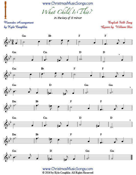 The Christmas carol What Child Is This? for recorder in the key of G minor.