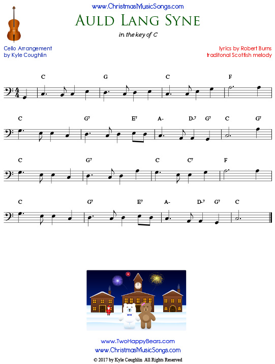 Auld Lang Syne for cello, arranged to play along with strings, woodwinds, and brass.