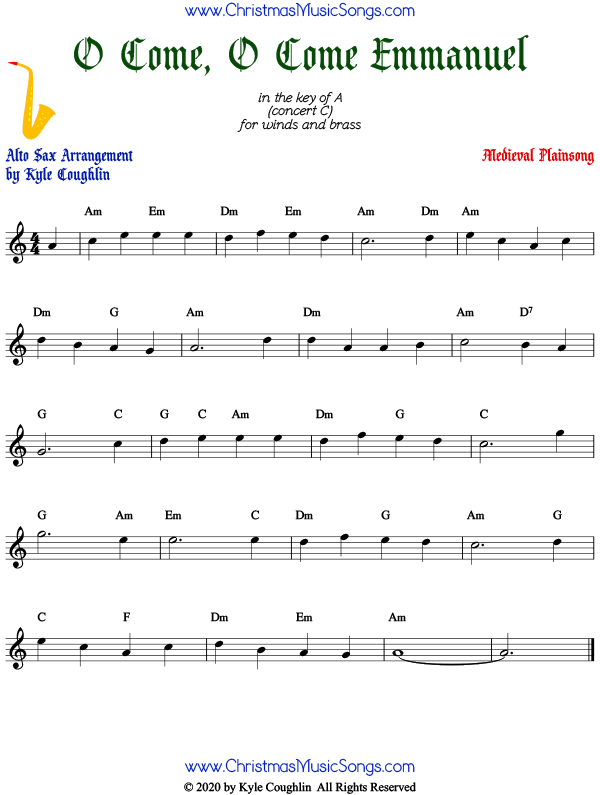 O Come, O Come Emmanuel alto saxophone sheet music, arranged to play along with other wind, brass, and string instruments.