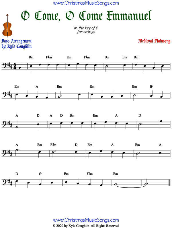 O Come, O Come Emmanuel bass sheet music, arranged to play along with other string instruments.