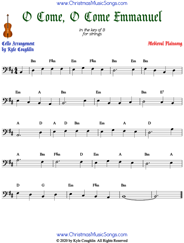 O Come, O Come Emmanuel cello sheet music, arranged to play along with other string instruments.