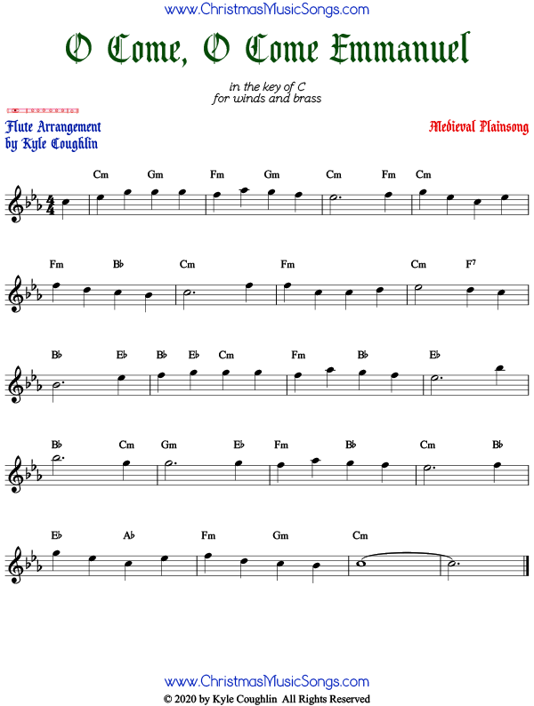 O Come, O Come Emmanuel flute sheet music, arranged to play along with other wind, brass, and string instruments.