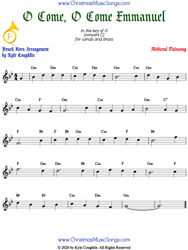 O Come, O Come Emmanuel French horn sheet music, arranged to play along with other wind, brass, and string instruments.