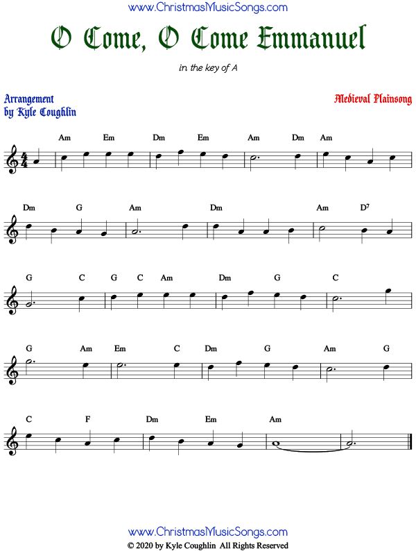 Sheet music for O Come, O Come Emmanuel. Free printable PDF.