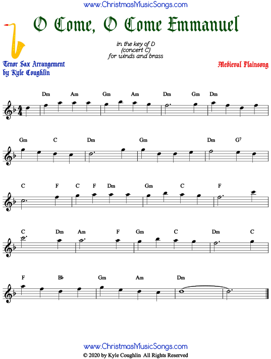 O Come, O Come Emmanuel tenor saxophone sheet music, arranged to play along with other wind, brass, and string instruments.