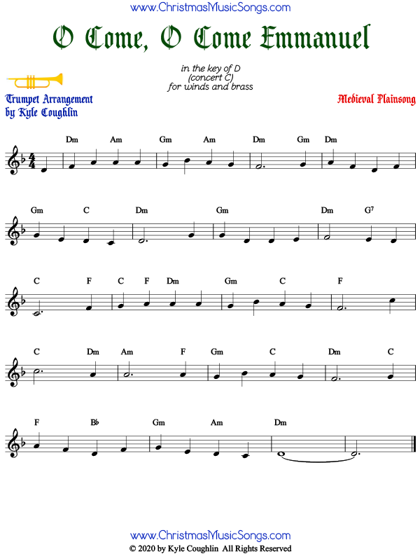 O Come, O Come Emmanuel trumpet sheet music, arranged to play along with other wind, brass, and string instruments.