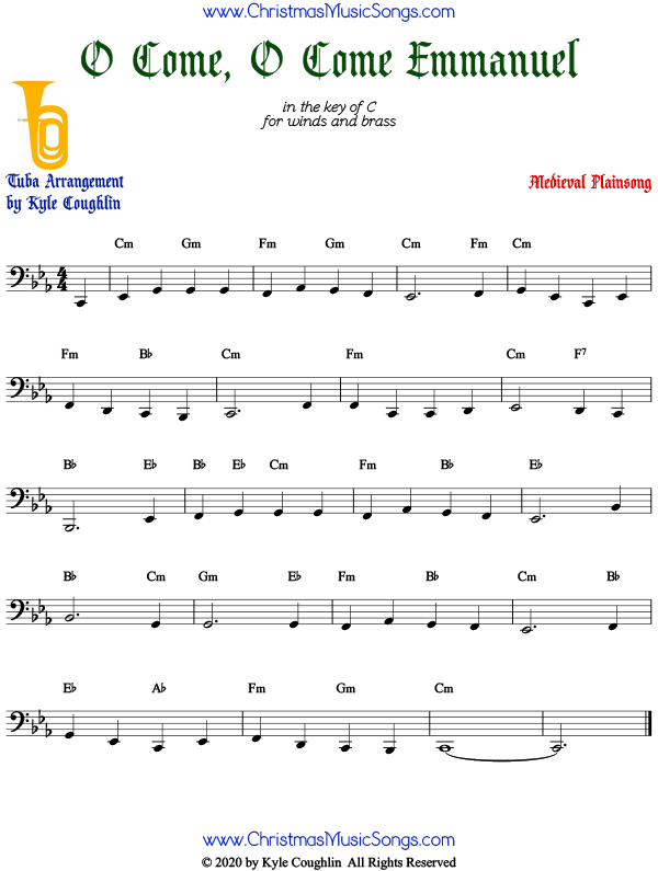 O Come, O Come Emmanuel tuba sheet music, arranged to play along with other wind, brass, and string instruments.