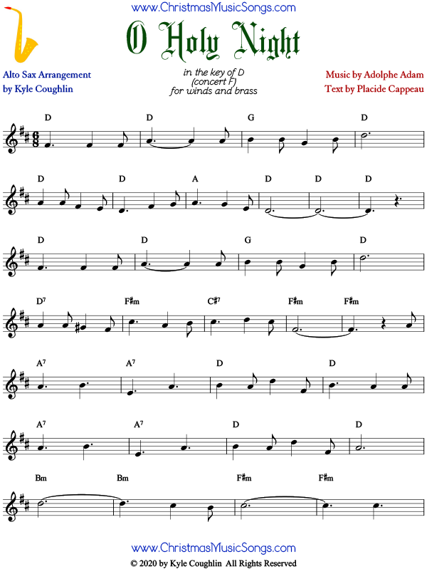 O Holy Night Christmas Carol For Alto Saxophone - Free Sheet Music