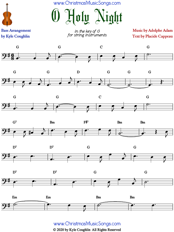 O Holy Night bass sheet music, arranged to play solo or with other string instruments.