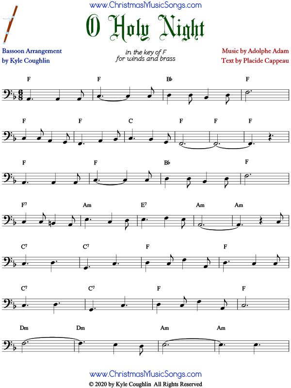 O Holy Night bassoon sheet music, arranged to play along with other woodwinds and brass.