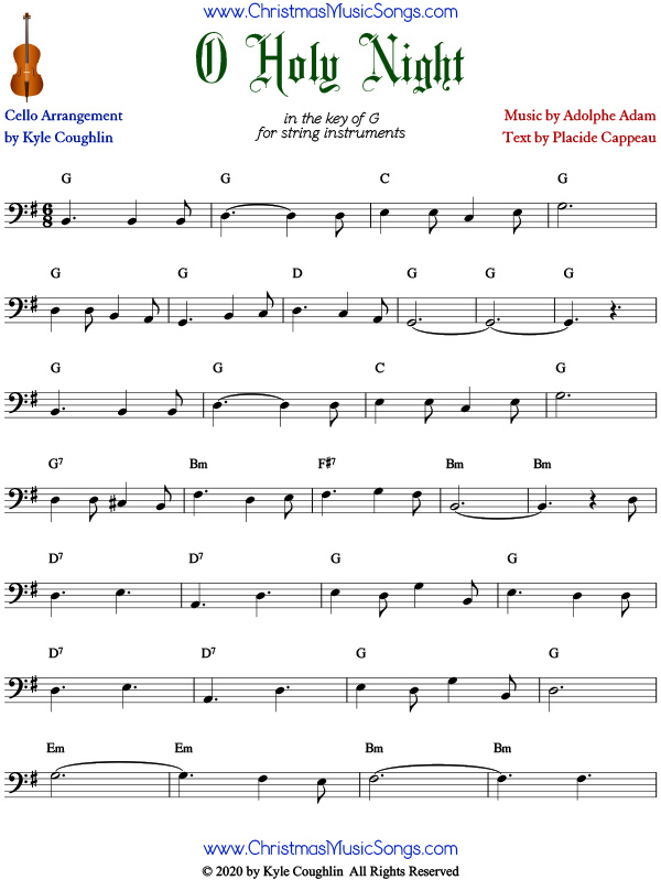 O Holy Night cello sheet music, arranged to play solo or with other string instruments.