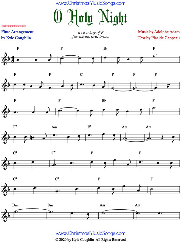 O Holy Night flute sheet music, arranged to play along with other woodwinds and brass.