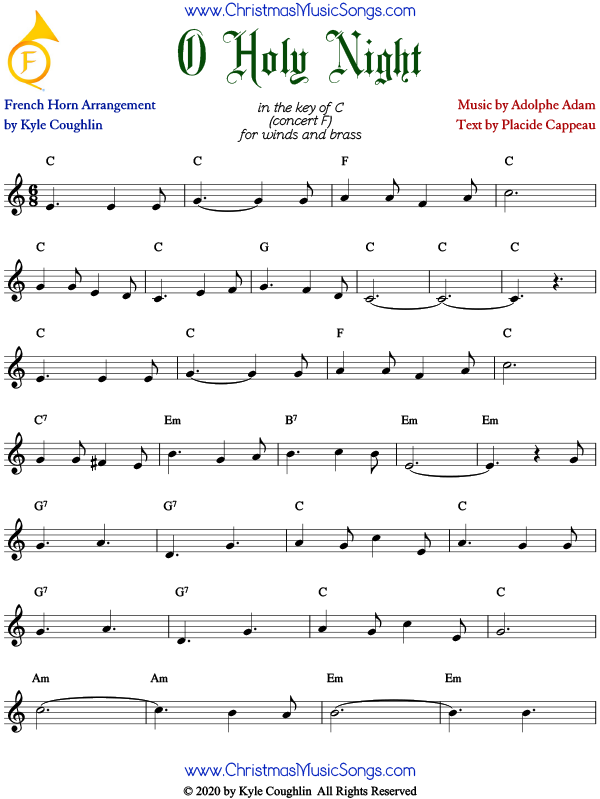 O Holy Night French horn sheet music, arranged to play along with other woodwinds and brass.