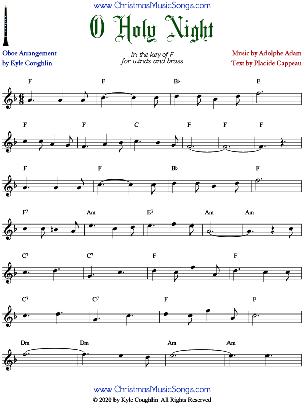 O Holy Night oboe sheet music, arranged to play along with other woodwinds and brass.
