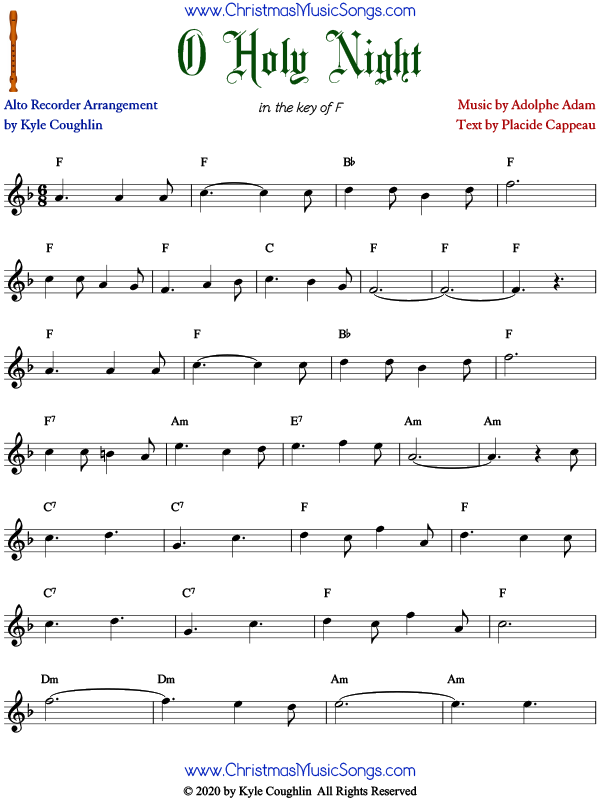 O Holy Night Christmas Carol For Recorder - Free Sheet Music