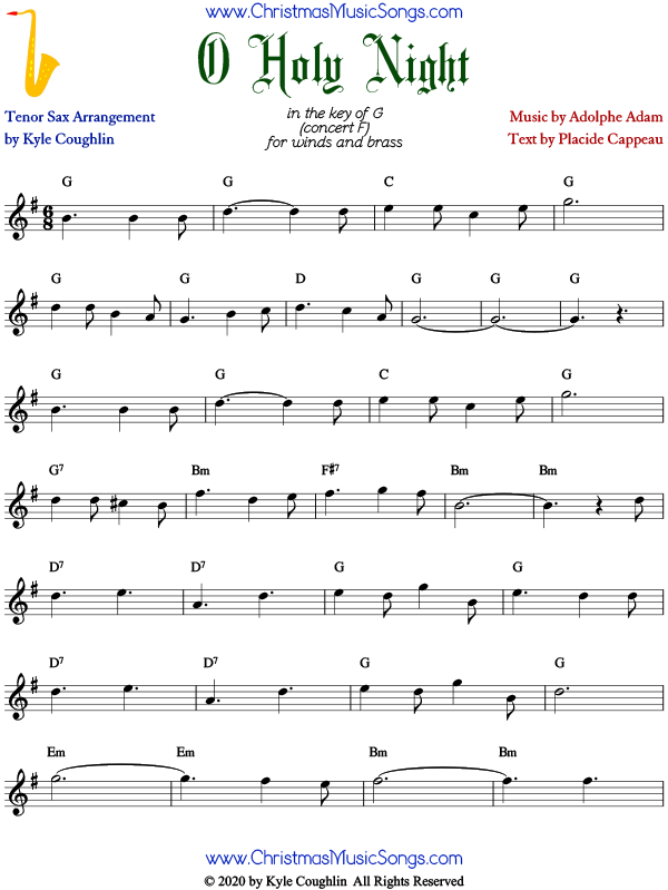 O Holy Night tenor saxophone sheet music, arranged to play along with other woodwinds and brass.
