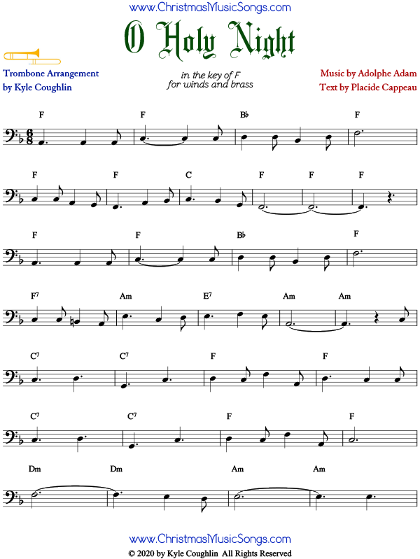 O Holy Night trombone sheet music, arranged to play along with other woodwinds and brass.