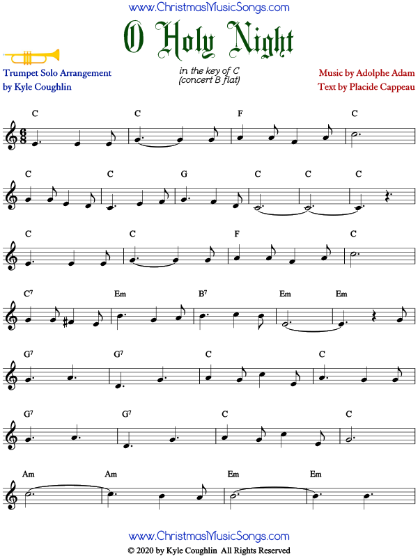 O Holy Night sheet music for solo trumpet.