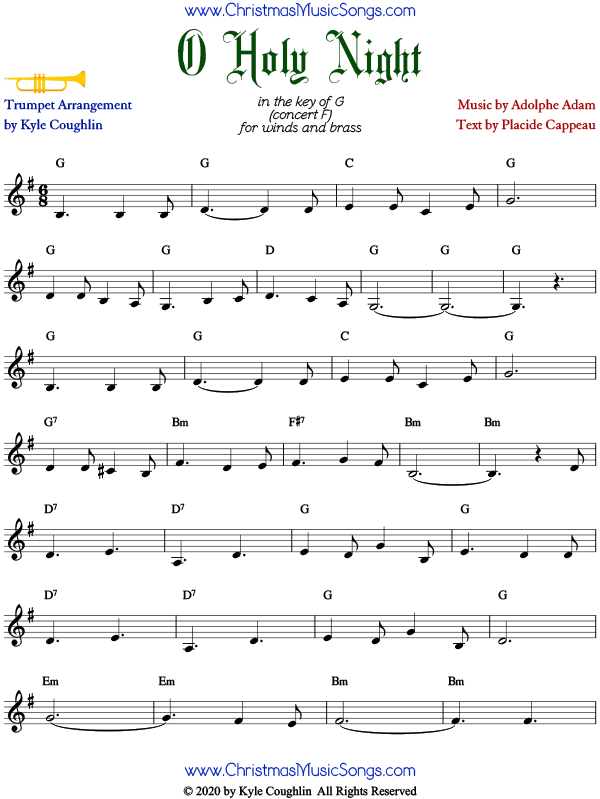 O Holy Night trumpet sheet music, arranged to play along with other woodwinds and brass.