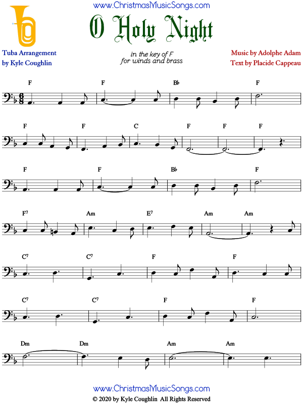 O Holy Night tuba sheet music, arranged to play along with other woodwinds and brass.
