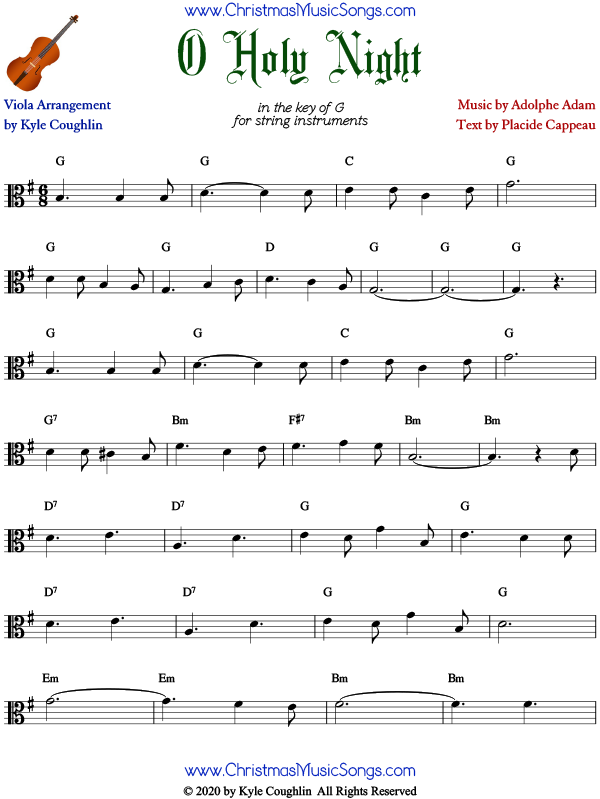 O Holy Night viola sheet music, arranged to play solo or with other string instruments.