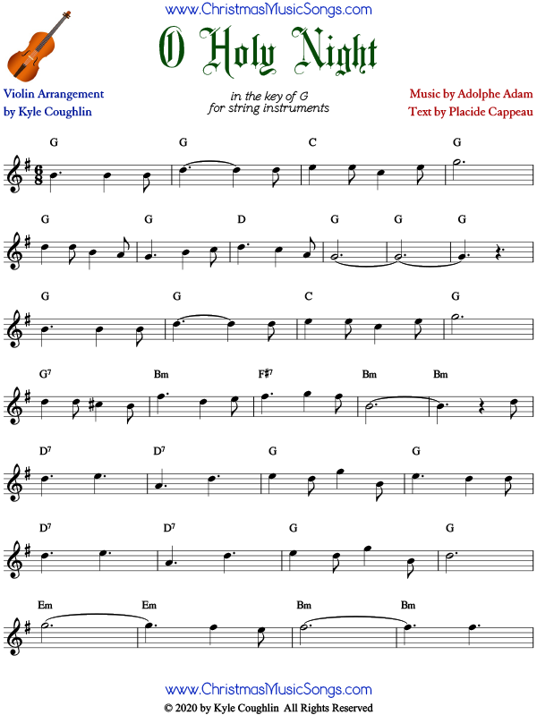 O Holy Night violin sheet music, arranged to play solo or with other string instruments.