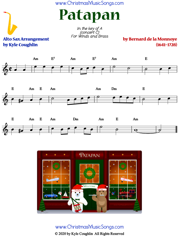 Patapan alto saxophone sheet music, arranged to play along with other woodwinds and brass.