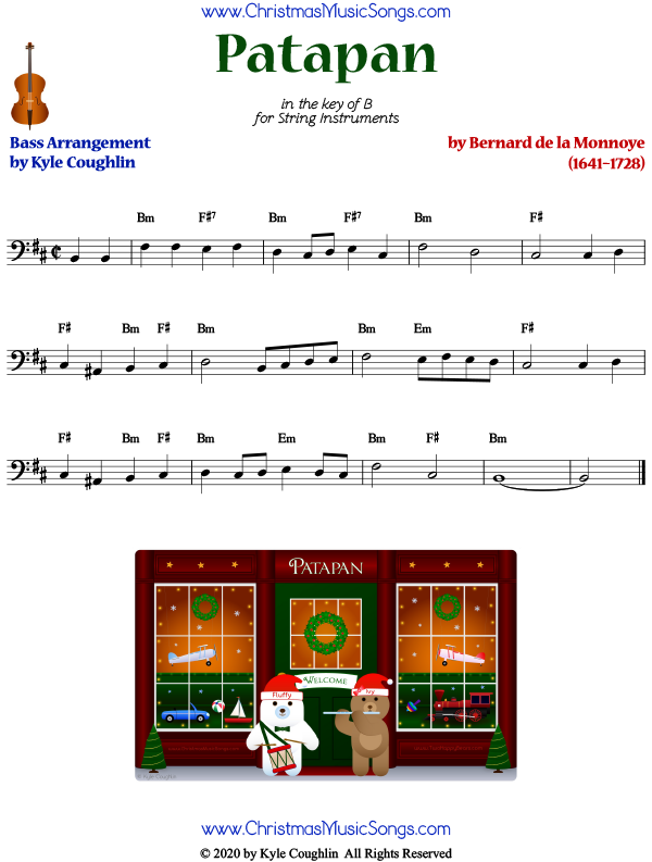 Patapan bass sheet music, arranged to play solo or with other string instruments.