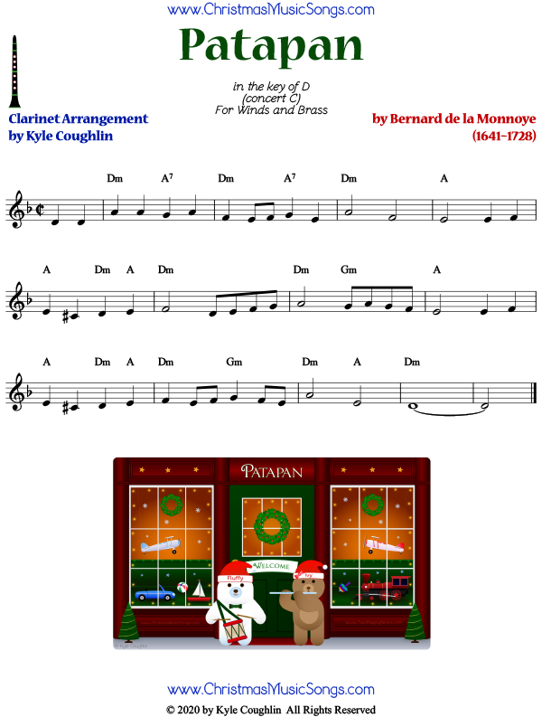 Patapan clarinet sheet music, arranged to play along with other woodwinds and brass.