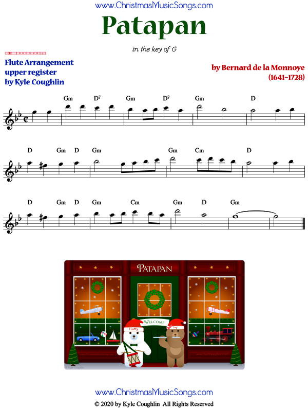 Patapan sheet music for solo flute, in a higher range.