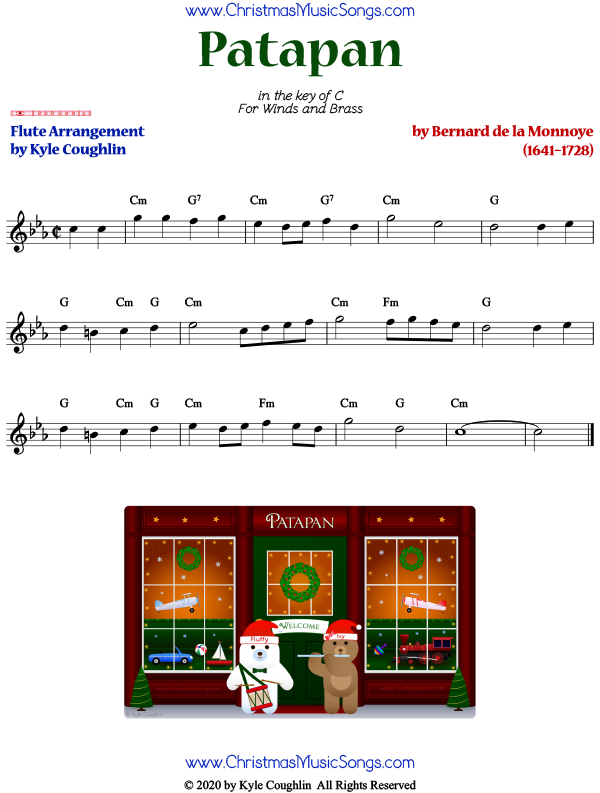 Patapan flute sheet music, arranged to play along with other woodwinds and brass.