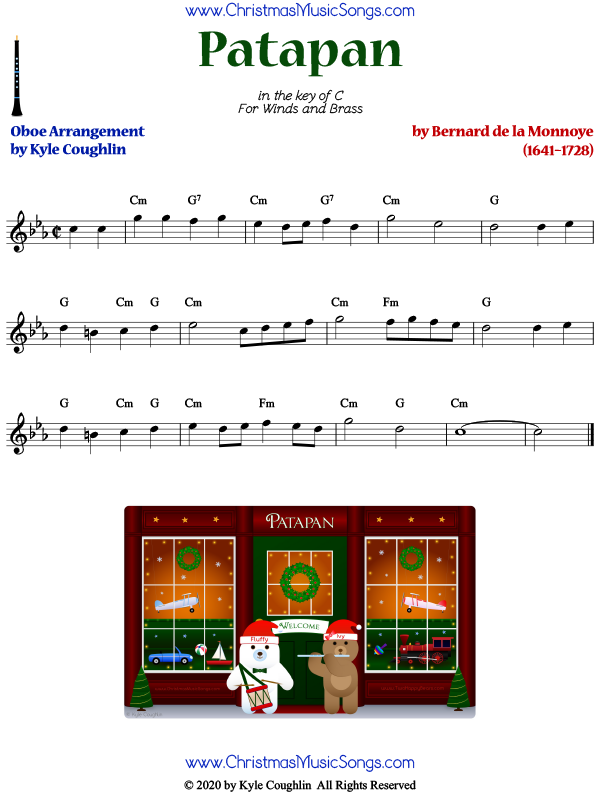 Patapan oboe sheet music, arranged to play along with other woodwinds and brass.