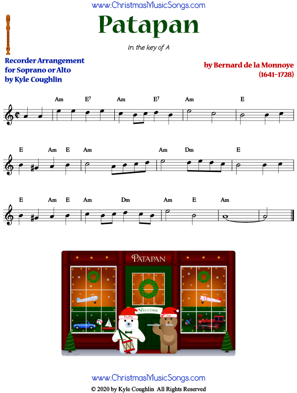 Patapan sheet music for recorder in the key of A (soprano or alto).